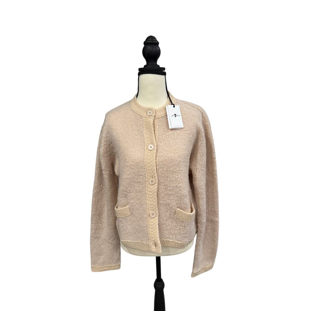 7 For All Mankind Boucle Wool Cardigan Sweater Beige Textured Knit NWT Medium